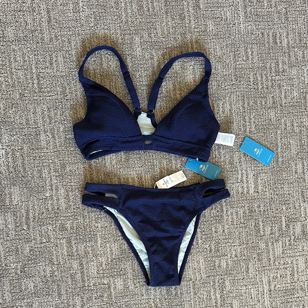 Cupshe Textured Deep Blue Bikini Set